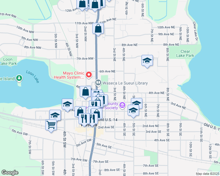 map of restaurants, bars, coffee shops, grocery stores, and more near 201 4th Avenue Northeast in Waseca