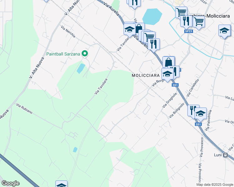 map of restaurants, bars, coffee shops, grocery stores, and more near 53 Via Tavolara in Sarzana