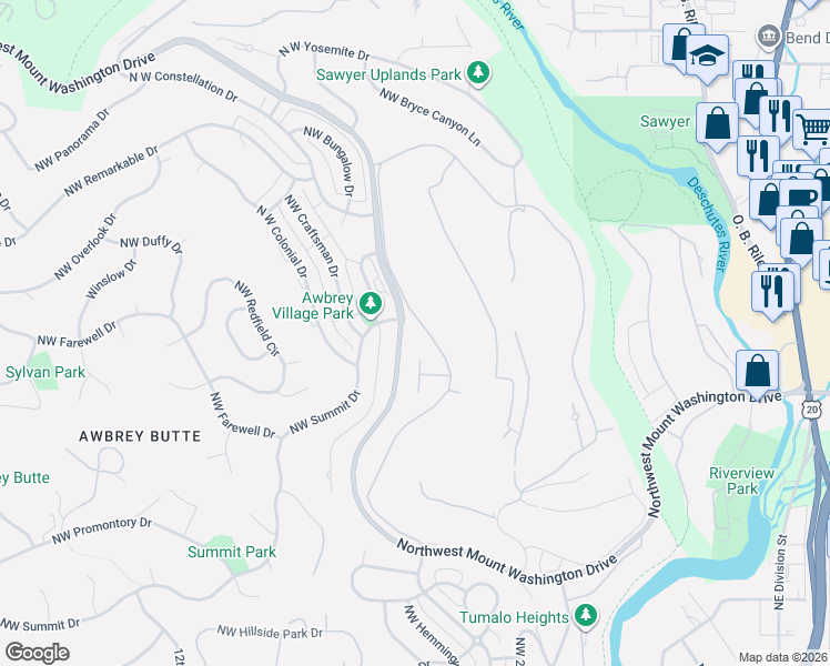 map of restaurants, bars, coffee shops, grocery stores, and more near 540 Northwest Divot Drive in Bend