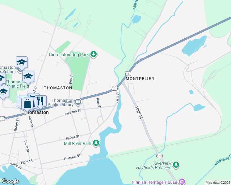 map of restaurants, bars, coffee shops, grocery stores, and more near 68 Fish Street in Thomaston