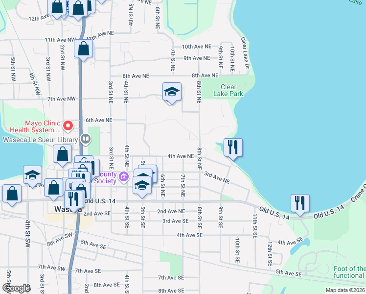 map of restaurants, bars, coffee shops, grocery stores, and more near 703 4th Avenue Northeast in Waseca