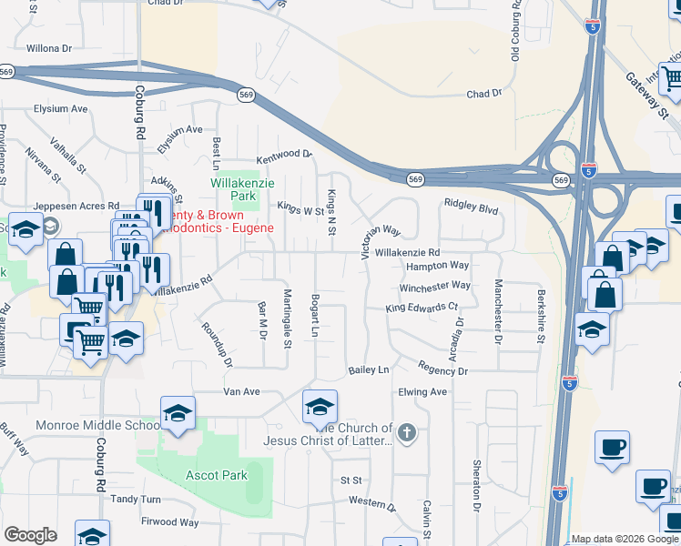 map of restaurants, bars, coffee shops, grocery stores, and more near 3200 Willakenzie Road in Eugene