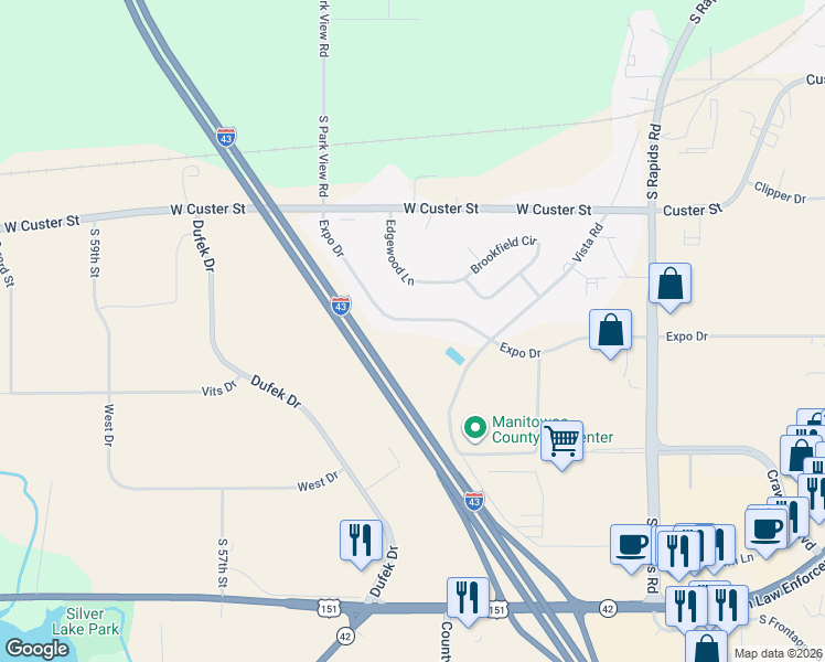 map of restaurants, bars, coffee shops, grocery stores, and more near 5065 Expo Drive in Manitowoc