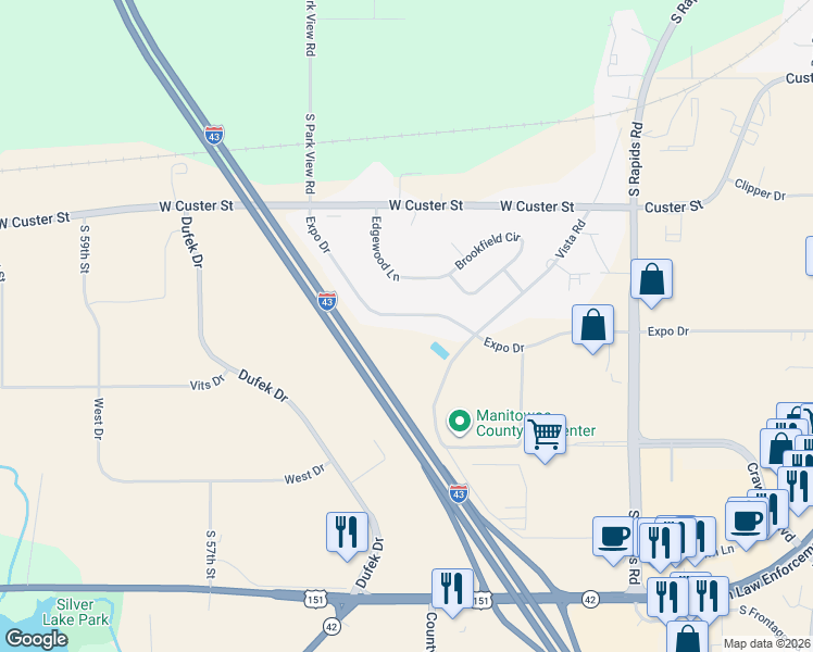 map of restaurants, bars, coffee shops, grocery stores, and more near 5065 Expo Drive in Manitowoc