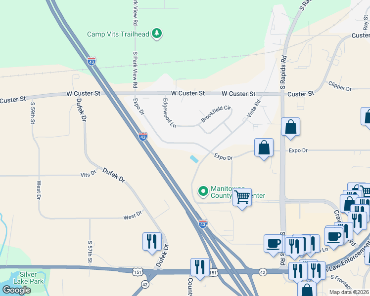 map of restaurants, bars, coffee shops, grocery stores, and more near 5065 Expo Drive in Manitowoc