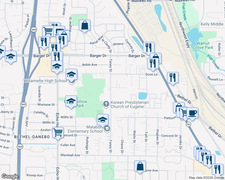 map of restaurants, bars, coffee shops, grocery stores, and more near 1760 Taney Street in Eugene