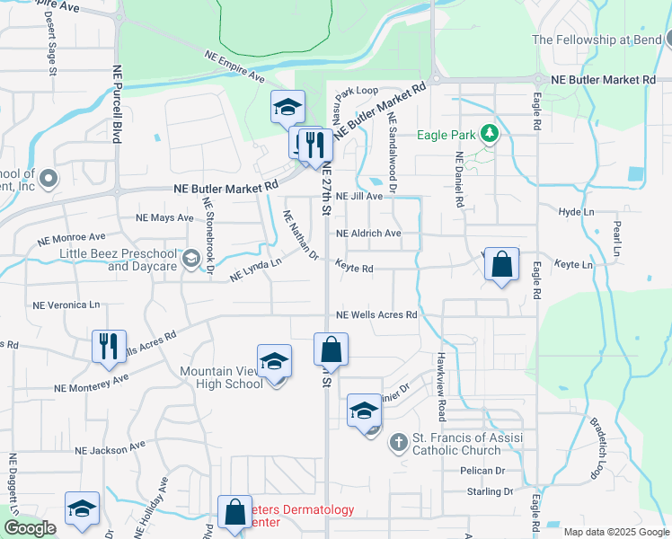 map of restaurants, bars, coffee shops, grocery stores, and more near 3094 Northeast Delmas Street in Bend