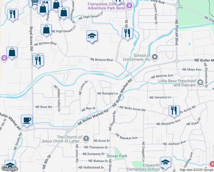 map of restaurants, bars, coffee shops, grocery stores, and more near 3005 Northeast Roxy Place in Bend