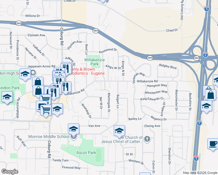 map of restaurants, bars, coffee shops, grocery stores, and more near 1524 Bogart Lane in Eugene