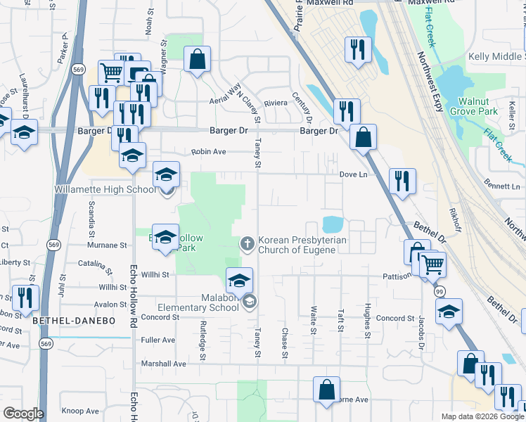 map of restaurants, bars, coffee shops, grocery stores, and more near 1760 Taney Street in Eugene