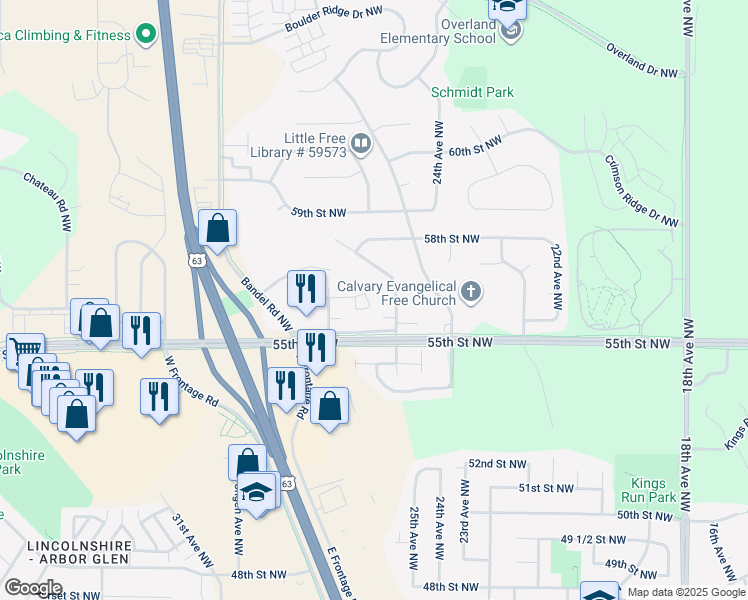 map of restaurants, bars, coffee shops, grocery stores, and more near 2611 55th Street Northwest in Rochester