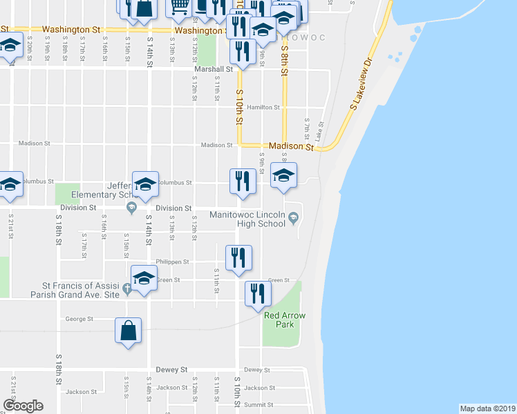 map of restaurants, bars, coffee shops, grocery stores, and more near 1424 South 9th Street in Manitowoc