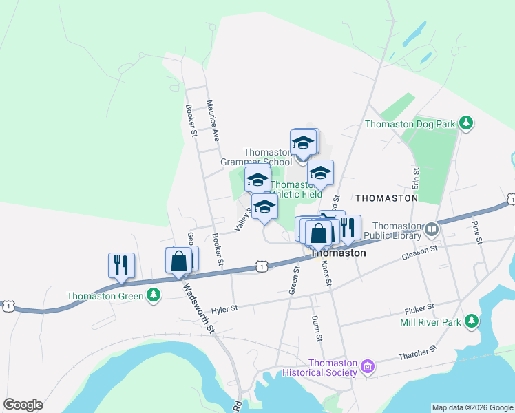 map of restaurants, bars, coffee shops, grocery stores, and more near 13 Valley Street in Thomaston
