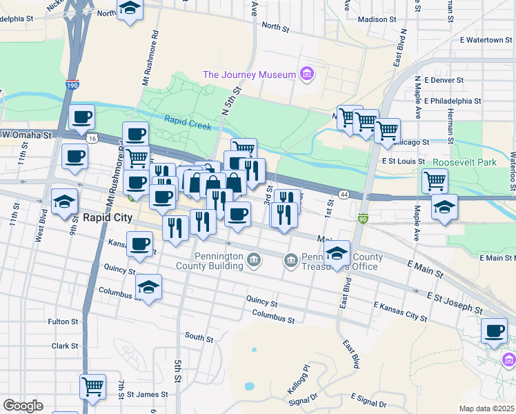 map of restaurants, bars, coffee shops, grocery stores, and more near 230 Main Street in Rapid City