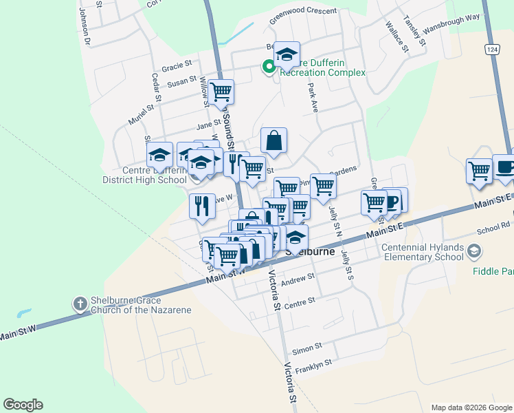 map of restaurants, bars, coffee shops, grocery stores, and more near 312 William Street in Shelburne