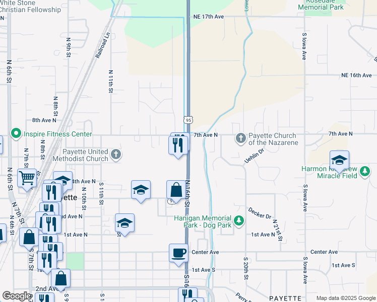 map of restaurants, bars, coffee shops, grocery stores, and more near 600 North 16th Street in Payette