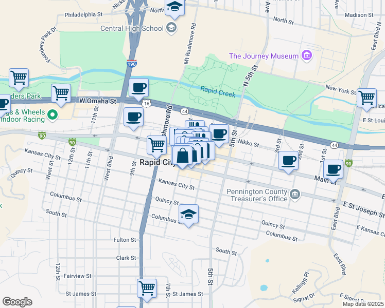 map of restaurants, bars, coffee shops, grocery stores, and more near 627 Main Street in Rapid City
