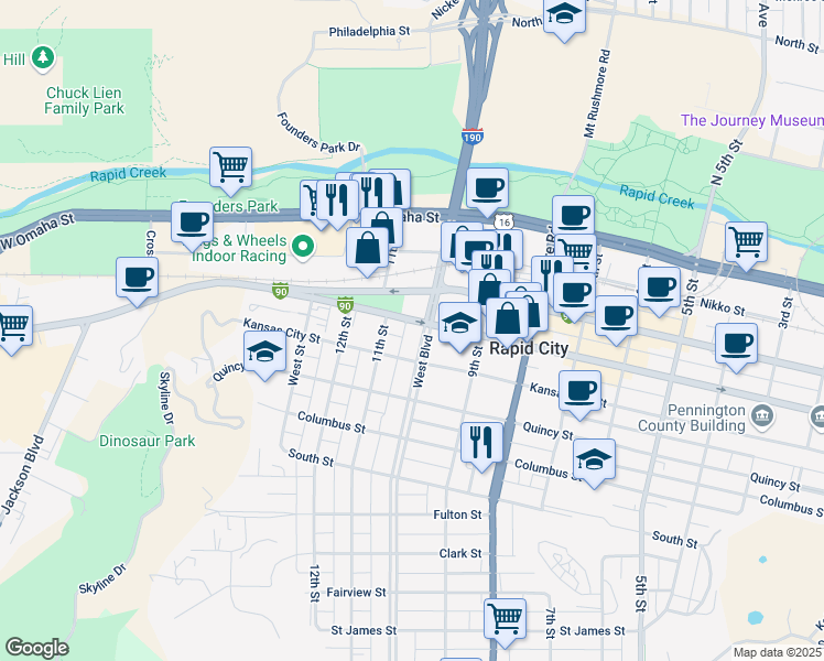 map of restaurants, bars, coffee shops, grocery stores, and more near 1016 Kansas City Street in Rapid City