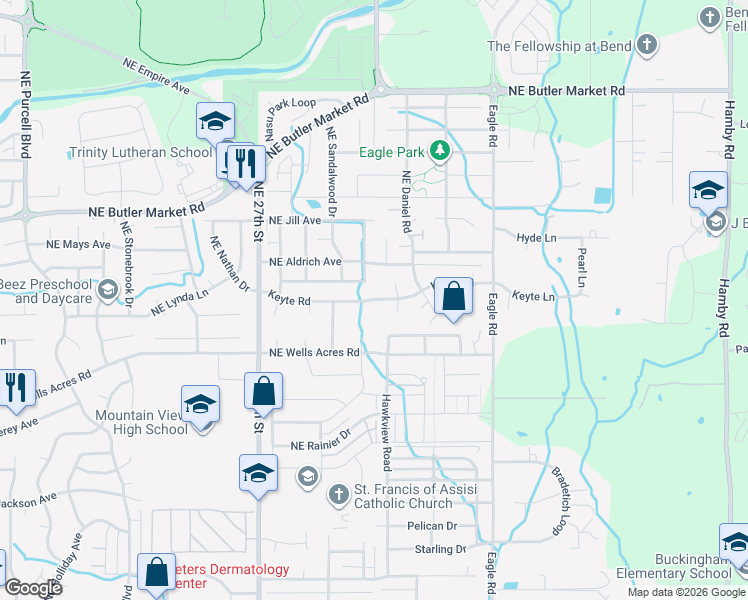 map of restaurants, bars, coffee shops, grocery stores, and more near 21299 Keyte Road in Bend