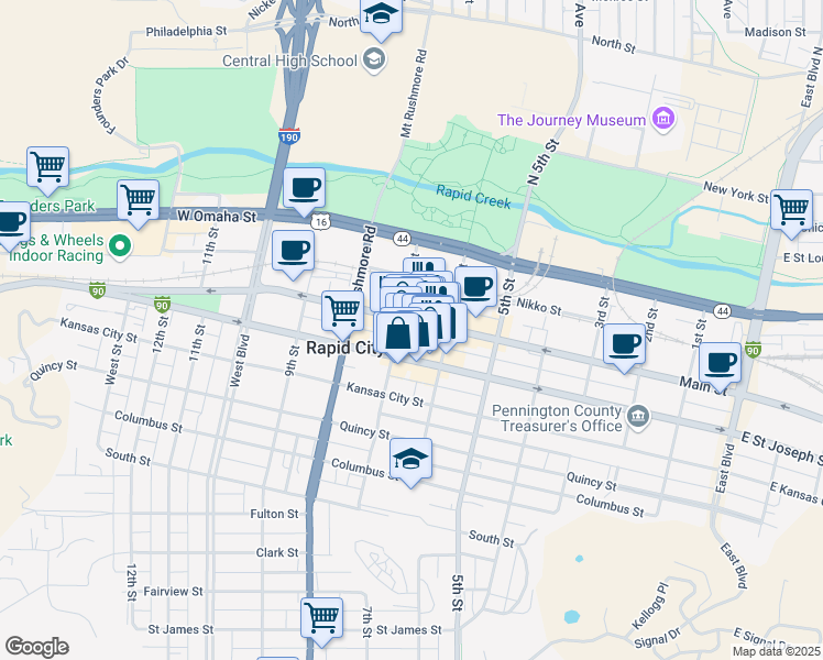 map of restaurants, bars, coffee shops, grocery stores, and more near 627 Main Street in Rapid City