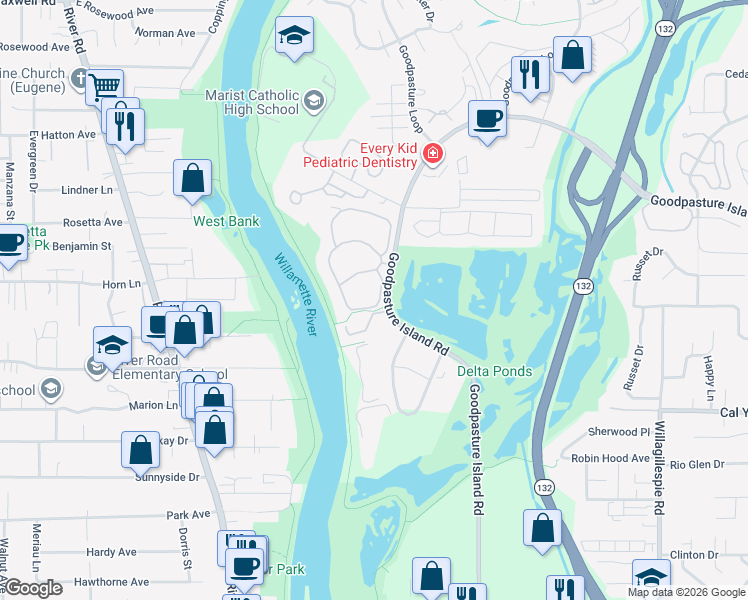 map of restaurants, bars, coffee shops, grocery stores, and more near 655 Goodpasture Island Road in Eugene
