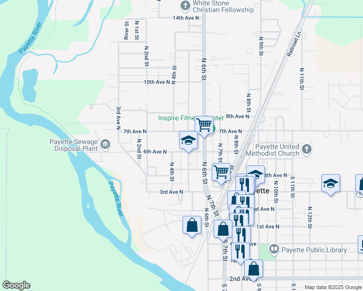 map of restaurants, bars, coffee shops, grocery stores, and more near 609 North 5th Street in Payette