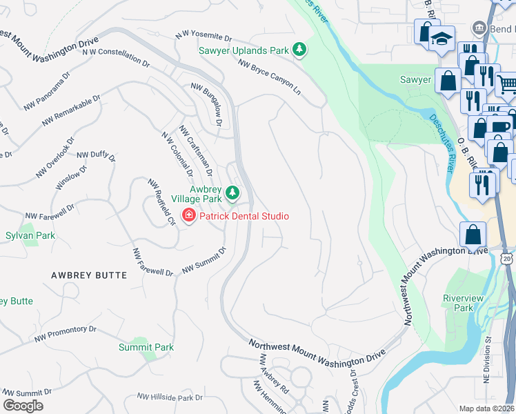 map of restaurants, bars, coffee shops, grocery stores, and more near 540 Northwest Divot Drive in Bend