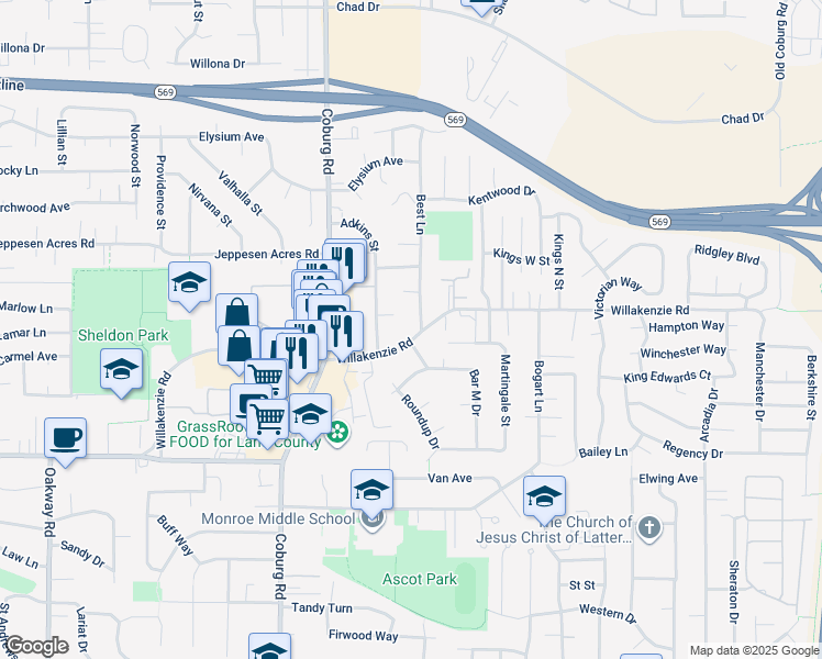 map of restaurants, bars, coffee shops, grocery stores, and more near 2982 Willakenzie Road in Eugene