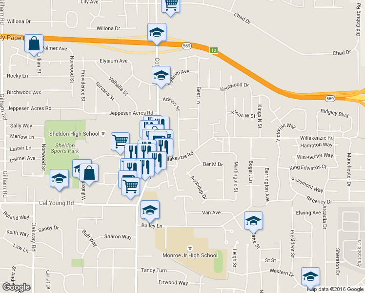 map of restaurants, bars, coffee shops, grocery stores, and more near 1600 Adkins Street in Eugene