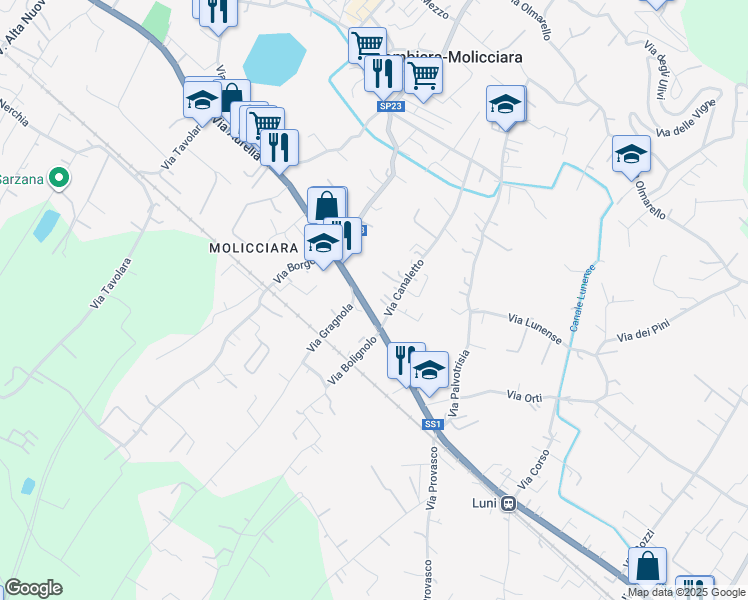 map of restaurants, bars, coffee shops, grocery stores, and more near 162 Via Aurelia in Colombiera-molicciara