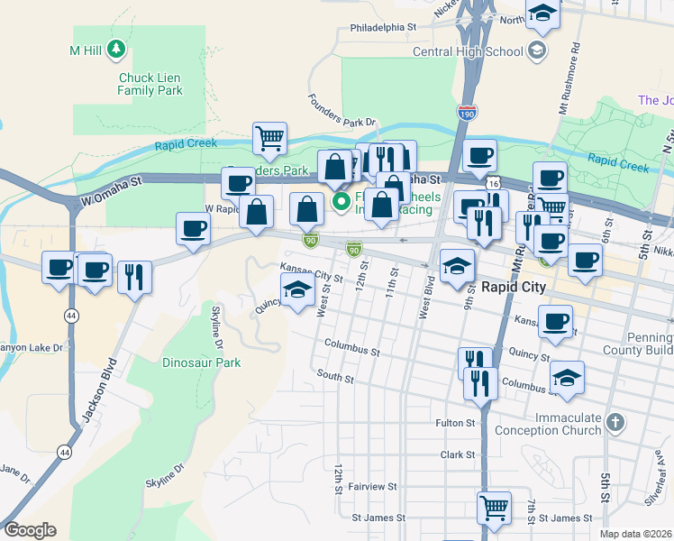 map of restaurants, bars, coffee shops, grocery stores, and more near 705 12th Street in Rapid City