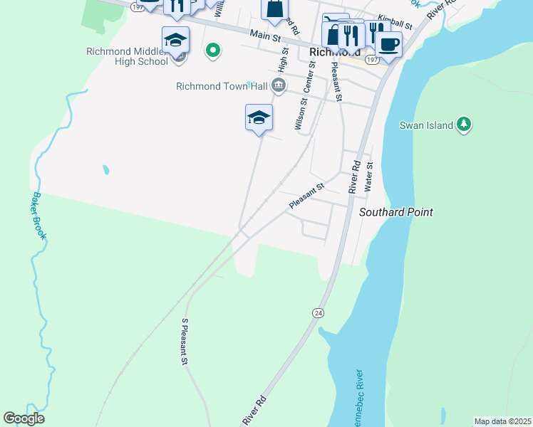 map of restaurants, bars, coffee shops, grocery stores, and more near 189 South Pleasant Street in Bowdoinham