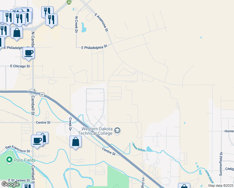 map of restaurants, bars, coffee shops, grocery stores, and more near 1702 East Highway 44 in Rapid City