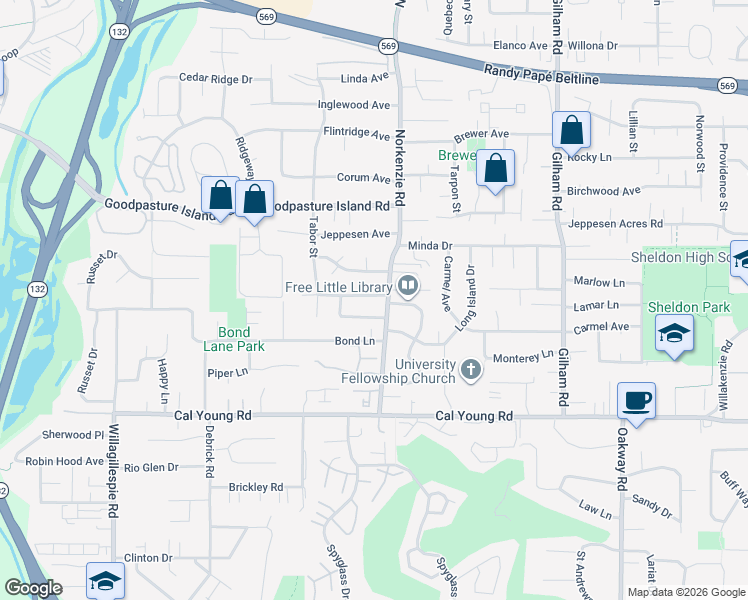 map of restaurants, bars, coffee shops, grocery stores, and more near 1615 Norkenzie Road in Eugene