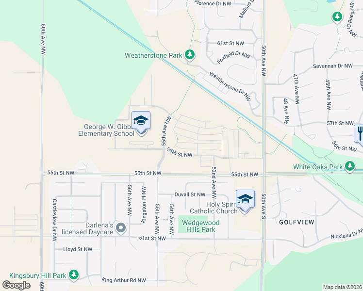 map of restaurants, bars, coffee shops, grocery stores, and more near 5327 56th Avenue Northwest in Rochester