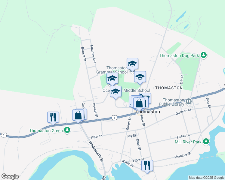 map of restaurants, bars, coffee shops, grocery stores, and more near 47 Valley Street in Thomaston
