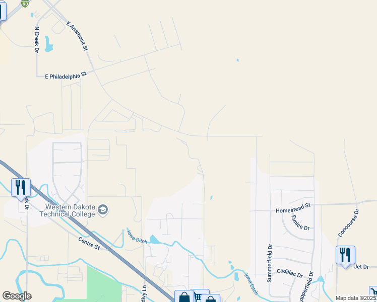 map of restaurants, bars, coffee shops, grocery stores, and more near 405 Valley Drive in Rapid City