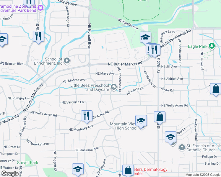 map of restaurants, bars, coffee shops, grocery stores, and more near 2249 Northeast Lynda Lane in Bend
