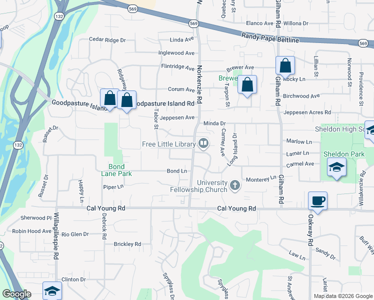 map of restaurants, bars, coffee shops, grocery stores, and more near 1615 Norkenzie Road in Eugene