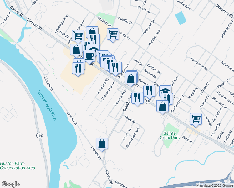 map of restaurants, bars, coffee shops, grocery stores, and more near 99 Webber Avenue in Lewiston