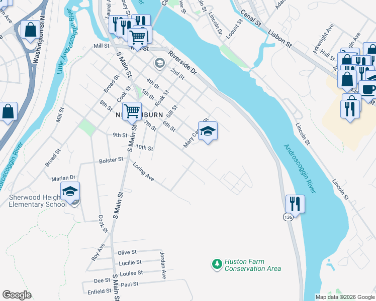 map of restaurants, bars, coffee shops, grocery stores, and more near 213 7th Street in Auburn