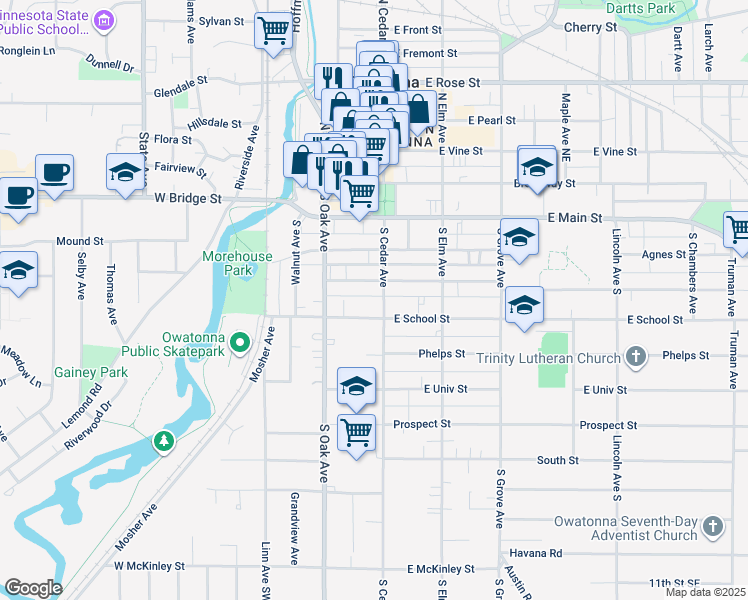 map of restaurants, bars, coffee shops, grocery stores, and more near 111 West School Street in Owatonna