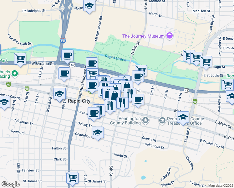 map of restaurants, bars, coffee shops, grocery stores, and more near 512 Main Street in Rapid City
