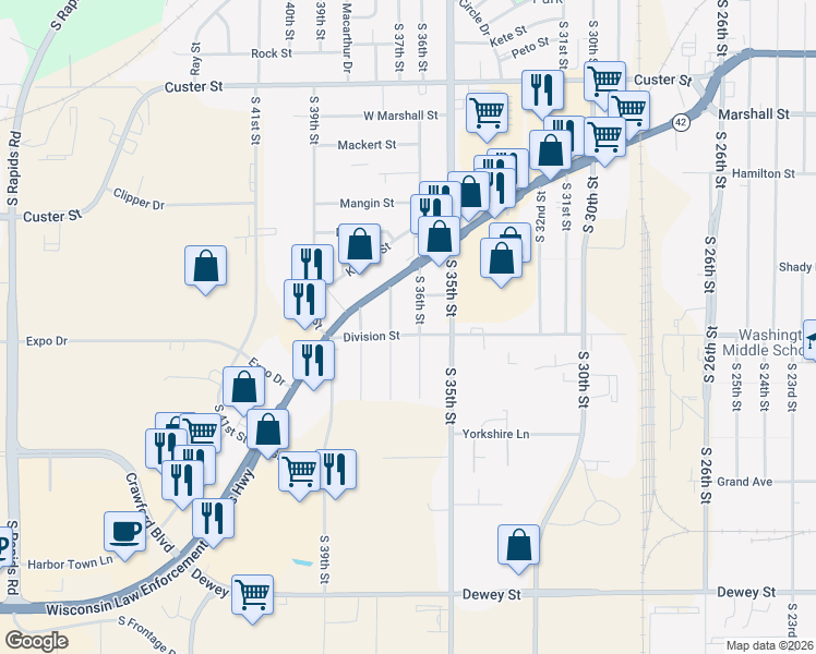 map of restaurants, bars, coffee shops, grocery stores, and more near 1509 South 37th Street in Manitowoc
