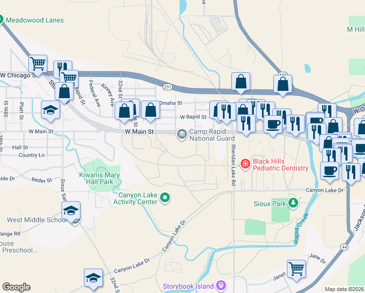 map of restaurants, bars, coffee shops, grocery stores, and more near 2823 West Main Street in Rapid City