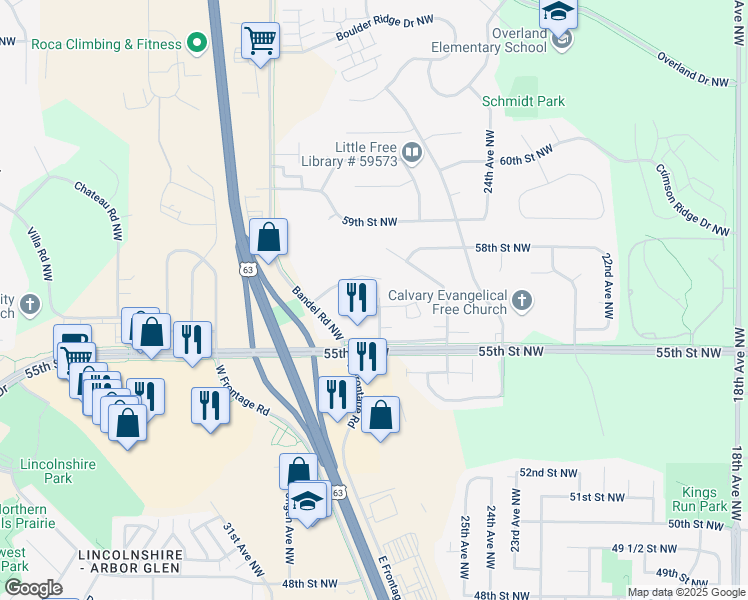 map of restaurants, bars, coffee shops, grocery stores, and more near 2801 56th Street Northwest in Rochester