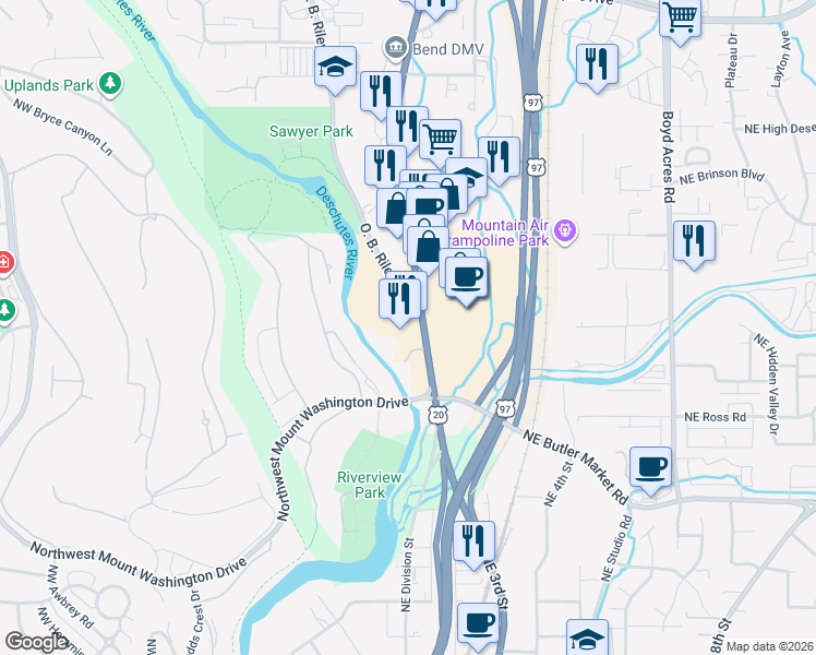 map of restaurants, bars, coffee shops, grocery stores, and more near 3105 O. B. Riley Road in Bend