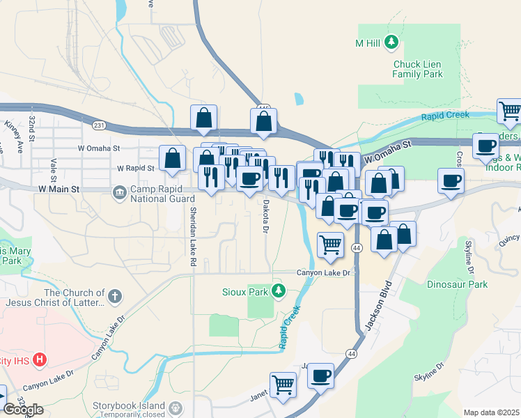 map of restaurants, bars, coffee shops, grocery stores, and more near 2355 West Main Street in Rapid City