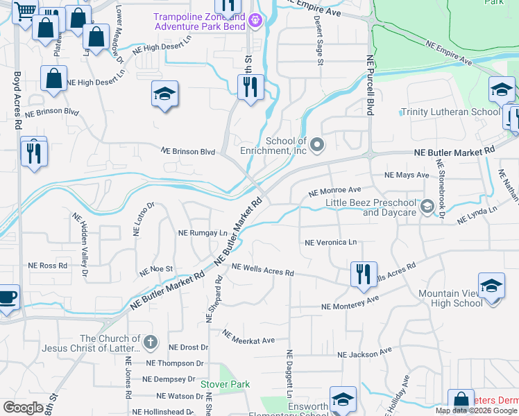 map of restaurants, bars, coffee shops, grocery stores, and more near 1630 Northeast Butler Market Road in Bend