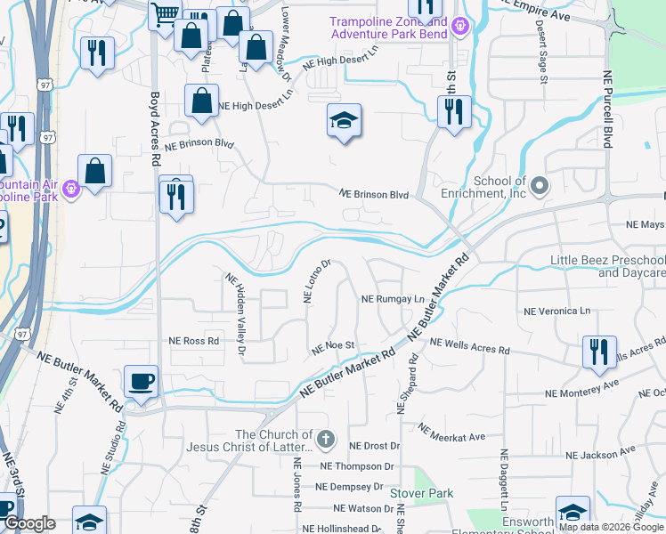 map of restaurants, bars, coffee shops, grocery stores, and more near 2913 Northeast Lotno Drive in Bend